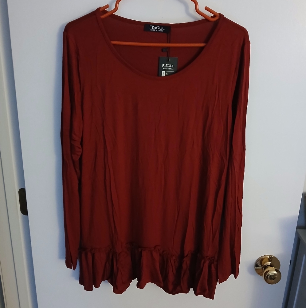 Fisoul Size L Deep Red Long Sleeve Top, Ruffle Hem